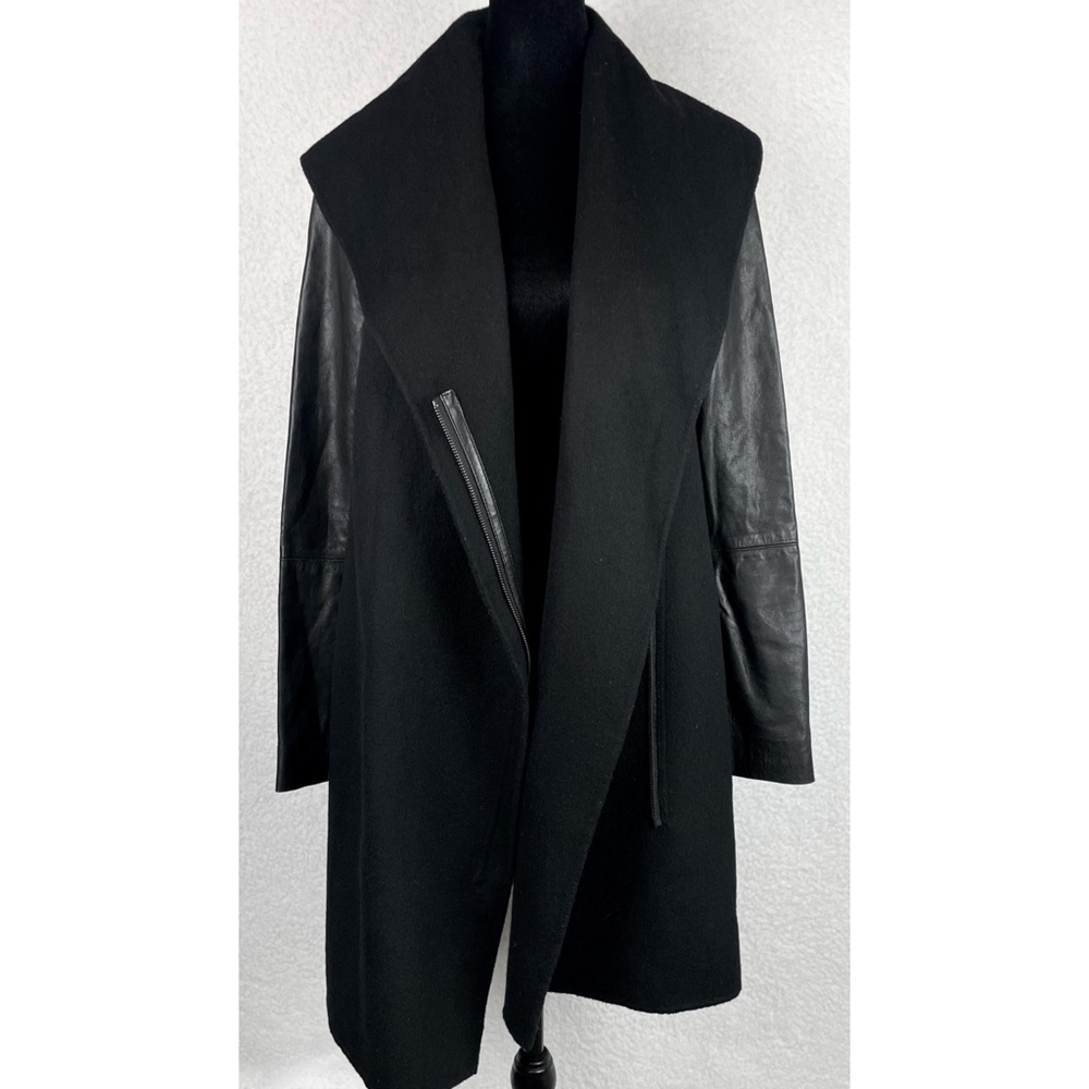 VINCE • Black Leather-Sleeve Shawl Collar Wool Trench Coat, XS - Picture 12 of 15